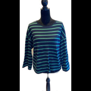 Chicos 100% Cotton Shirt Blouse Top Size 2 Navy & Green Stripes SOFT + Stretch
